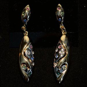 1960s Golden Dangle Earrings with Colored Crystals